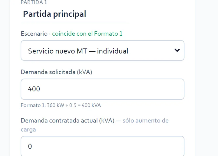 Pantalla de Aportación CFE de VoltIQ mostrando la conversión de una demanda solicitada de 400 kVA con la memoria de cálculo visible: Formato 1: 360 kW dividido entre 0.9 igual a 400 kVA.