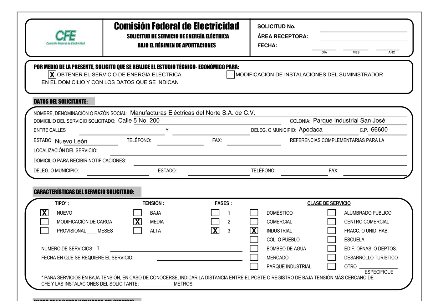 Formato 1 PROTER oficial de CFE, llenado automáticamente por VoltIQ con los datos de una obra de ejemplo: razón social, domicilio del servicio y casillas de tipo, tensión y clase de servicio marcadas.