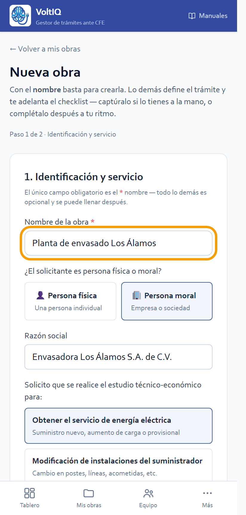 Nombre de la obra y solicitante