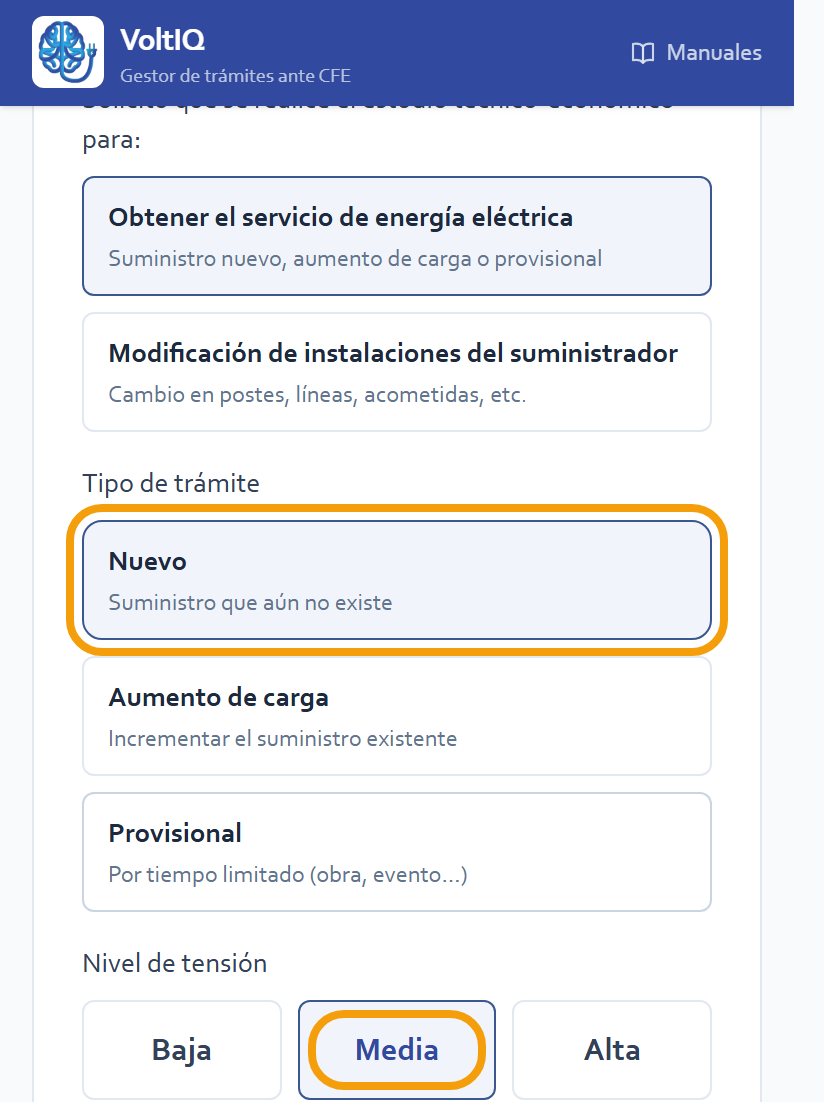 Tipo de trámite y nivel de tensión