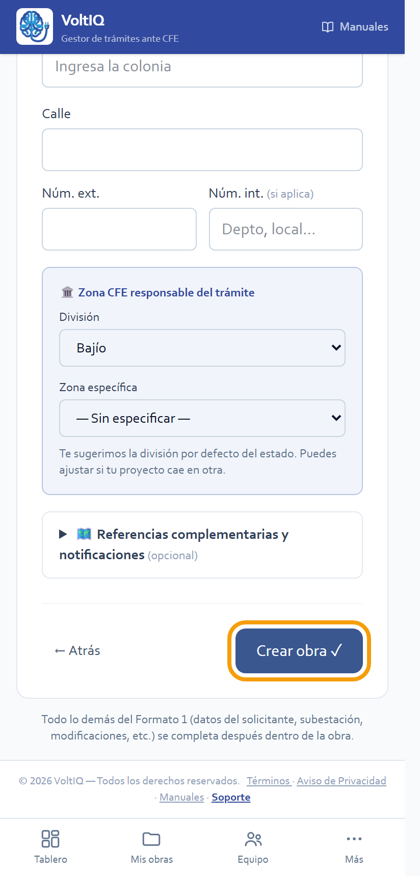 Zona de CFE y el botón «Crear obra ✓»