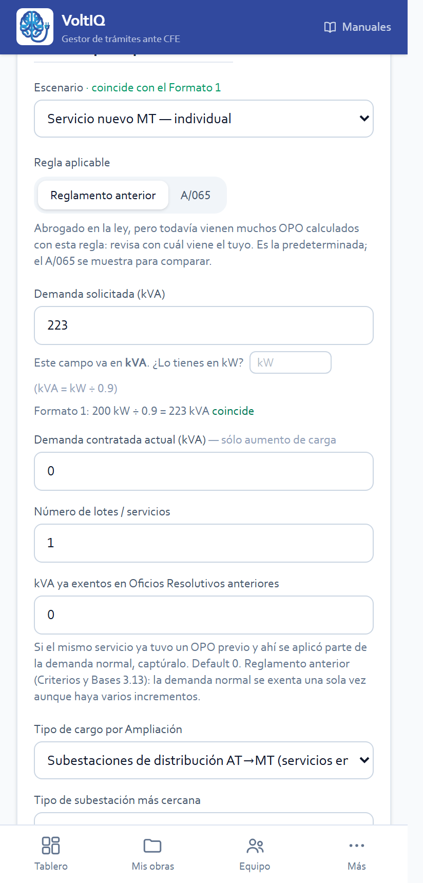 Regla aplicable y demanda en kVA