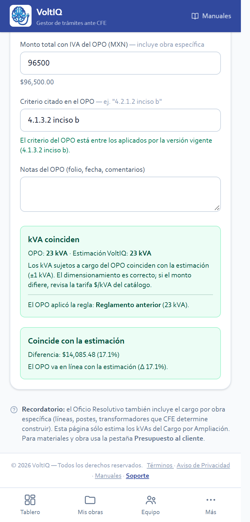 La comparación del OPO con la estimación