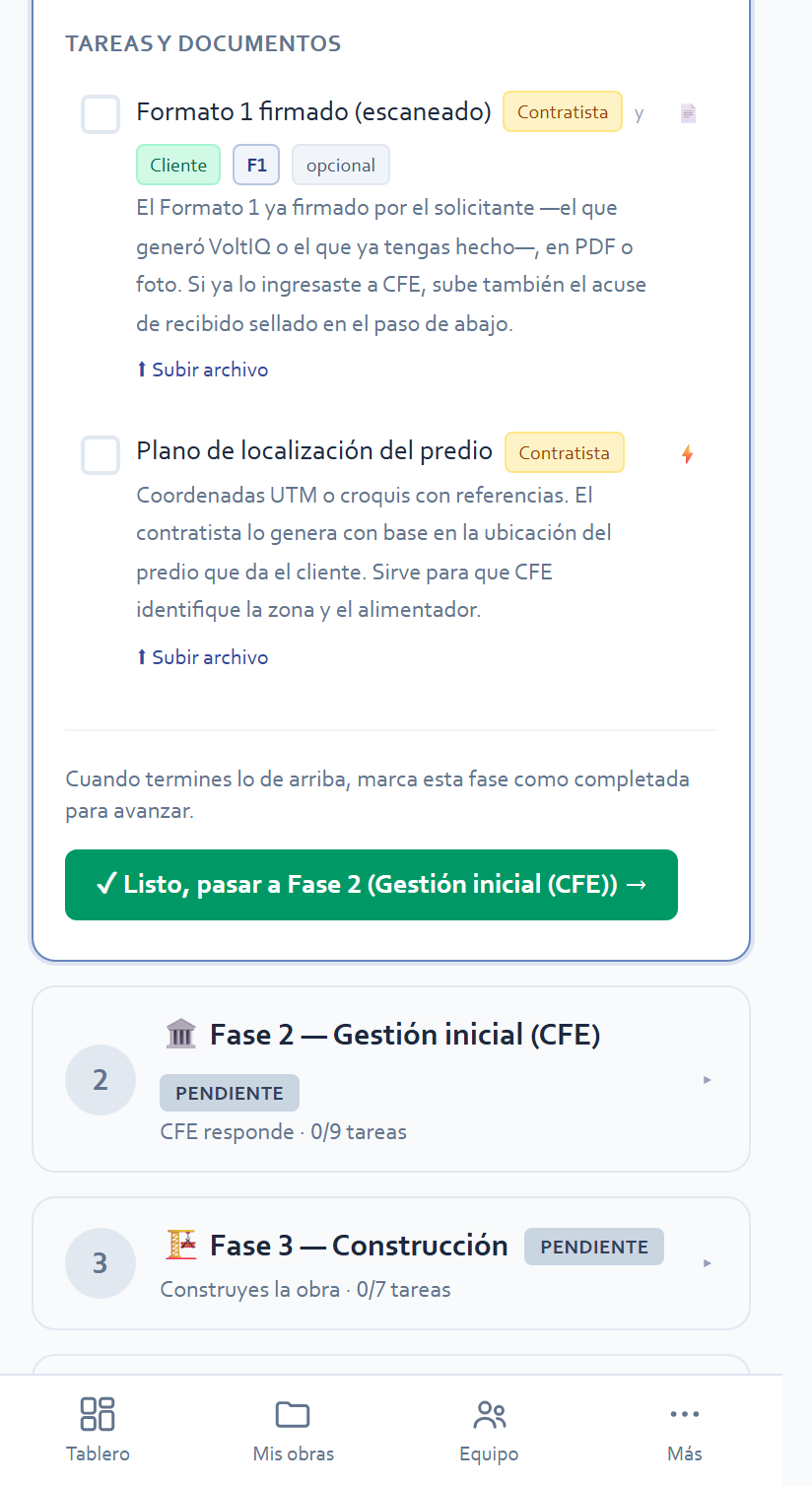 Las tareas de la fase con su «Subir archivo»
