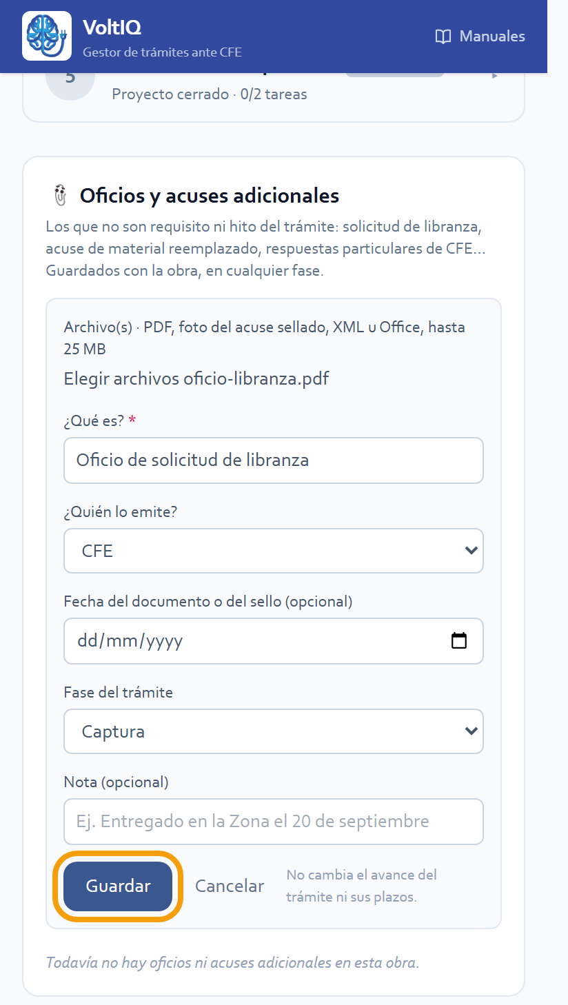 El formulario de un oficio o acuse