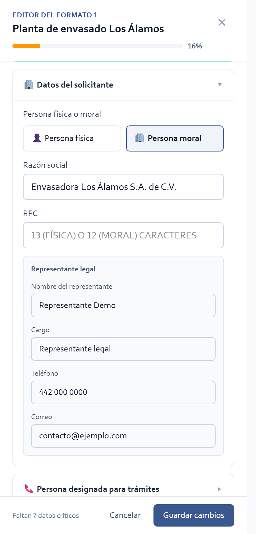 Datos del solicitante y representante legal