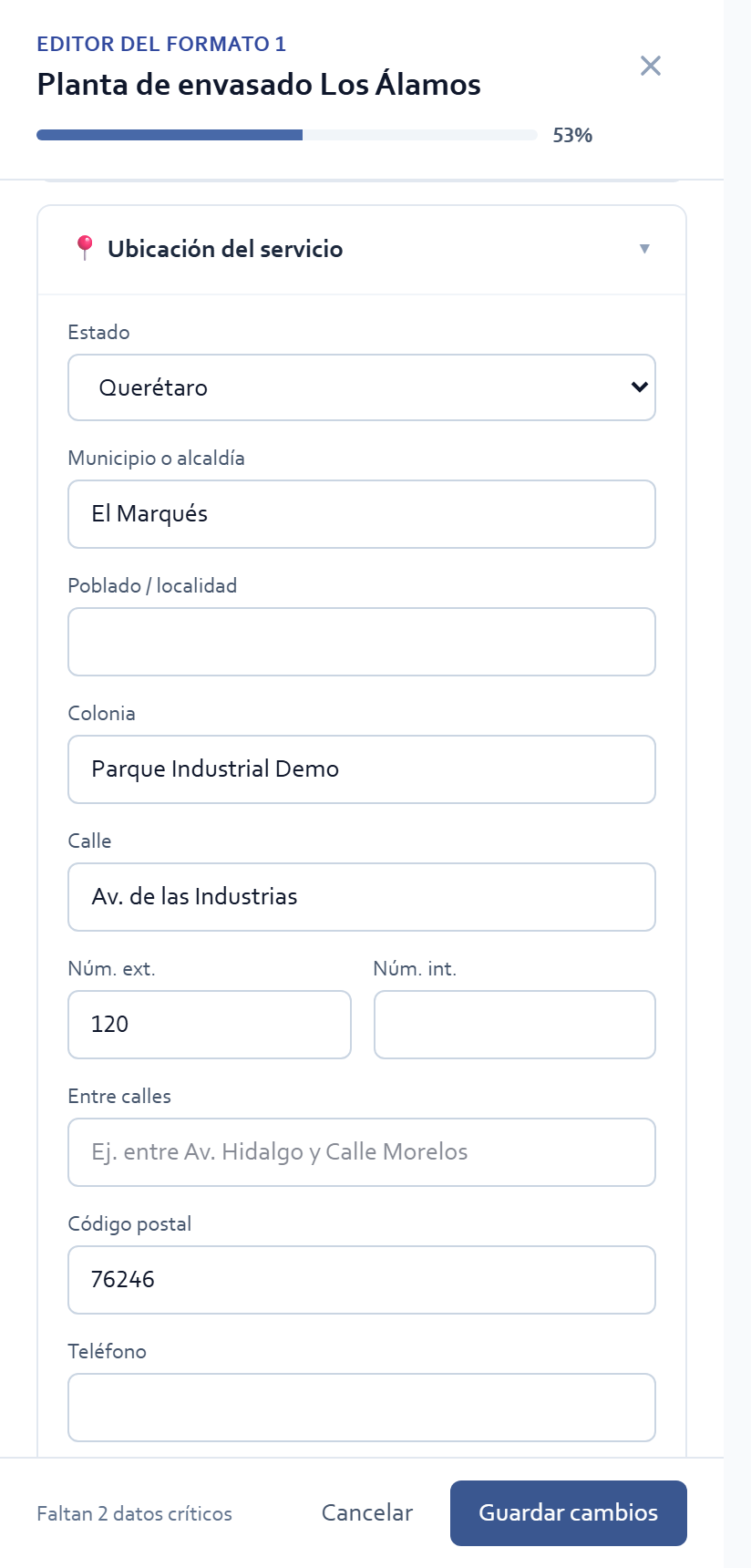 Ubicación del servicio
