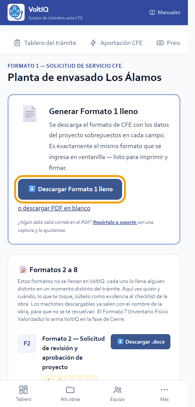 El botón «Descargar Formato 1 lleno»