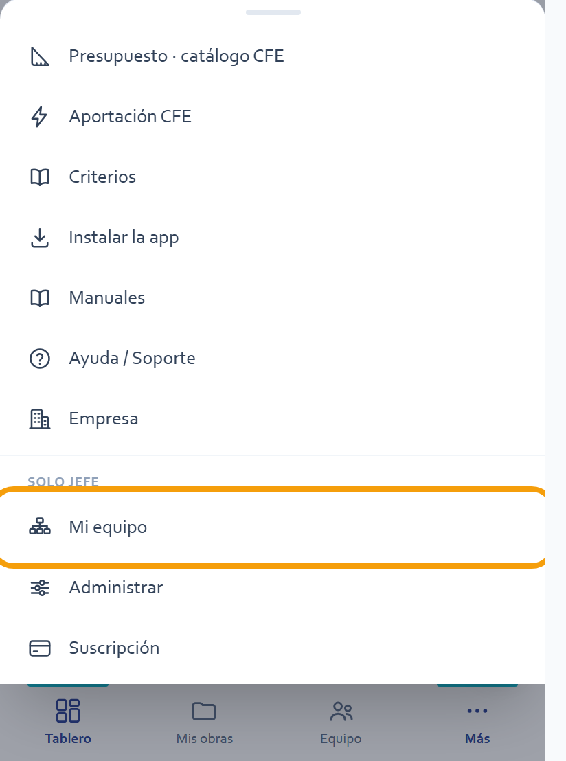 «Mi equipo» dentro de «Más»