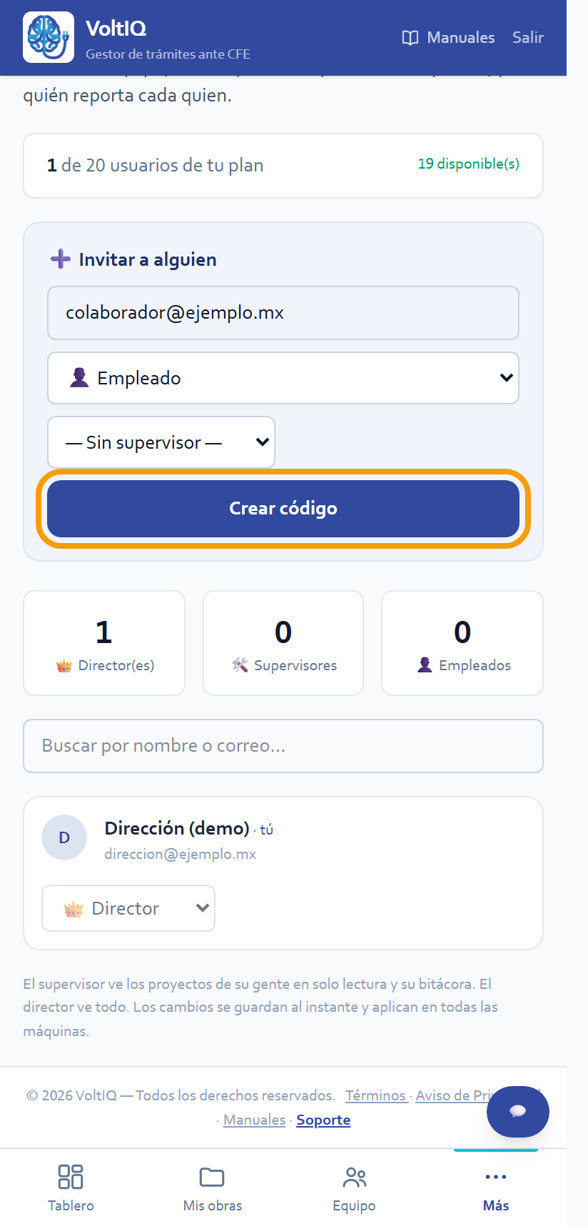 Invitar a alguien y «Crear código»