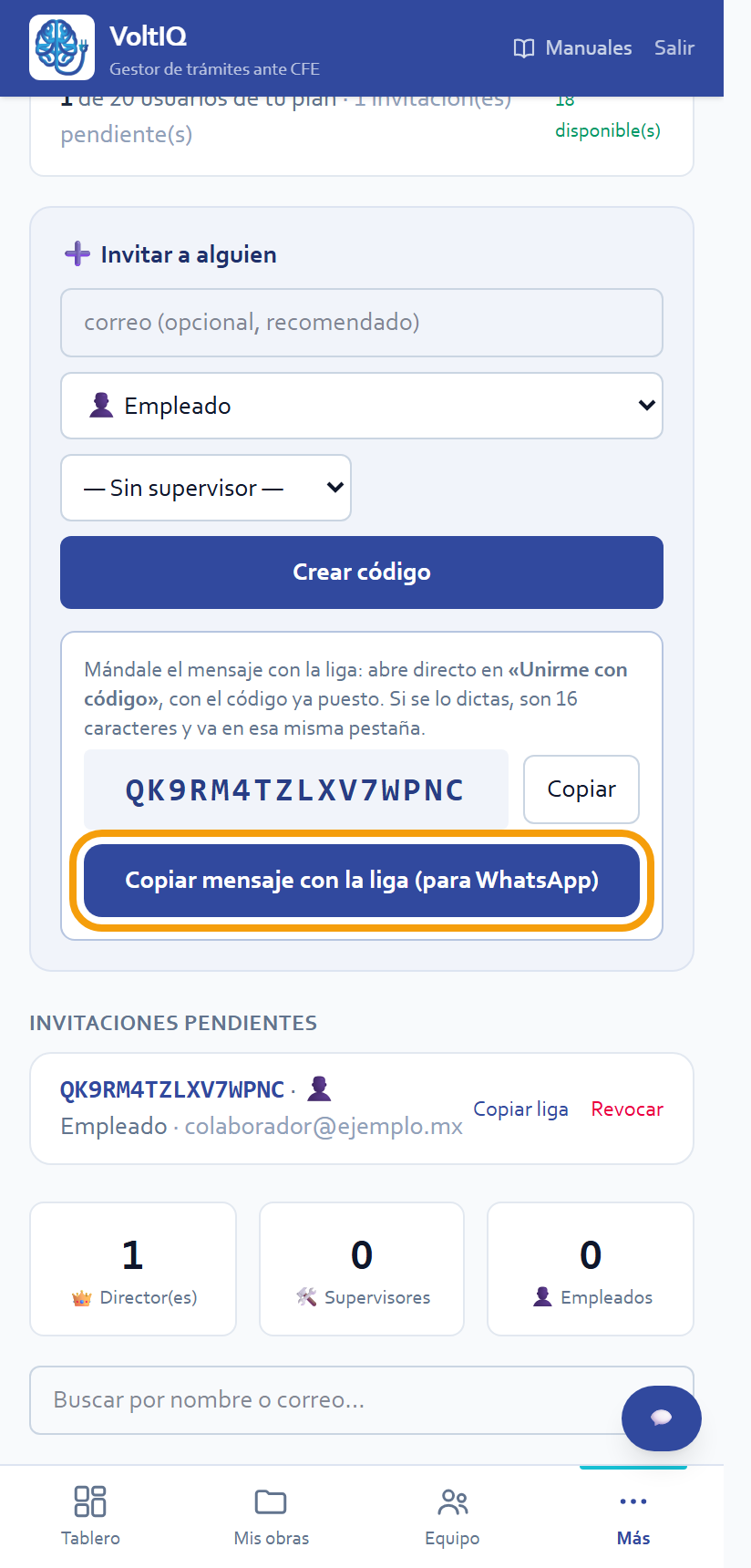 El código y «Copiar mensaje con la liga (para WhatsApp)»
