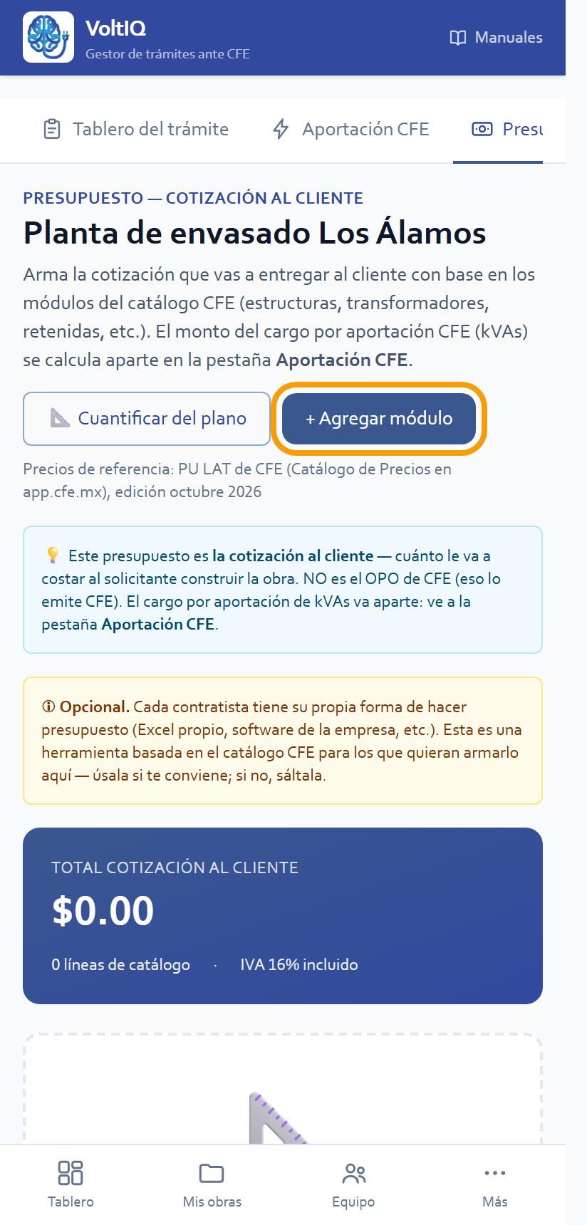 El presupuesto de la obra y «+ Agregar módulo»