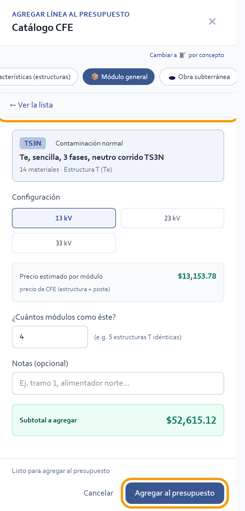 La configuración, el precio y «Agregar al presupuesto»