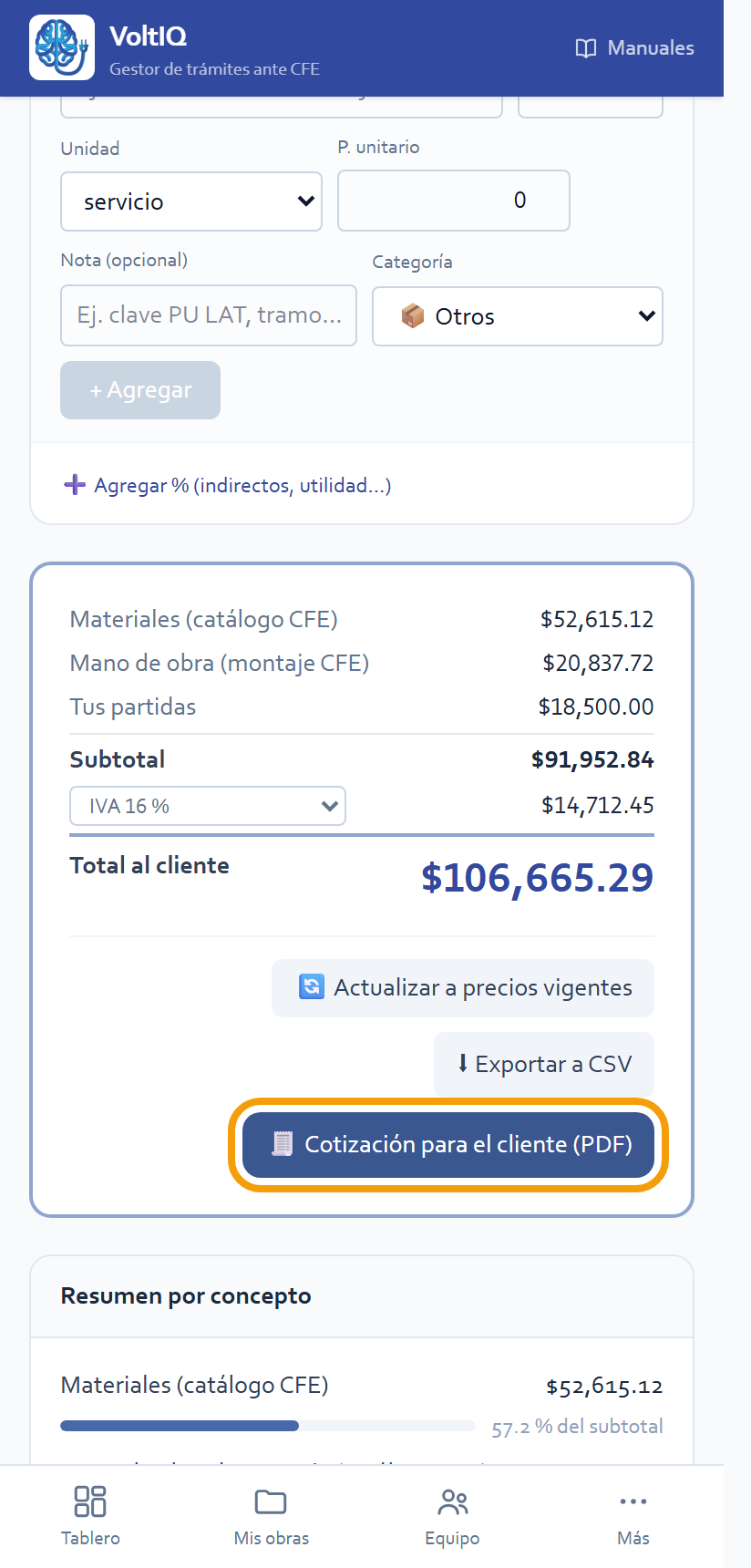 Los totales y «Cotización para el cliente (PDF)»
