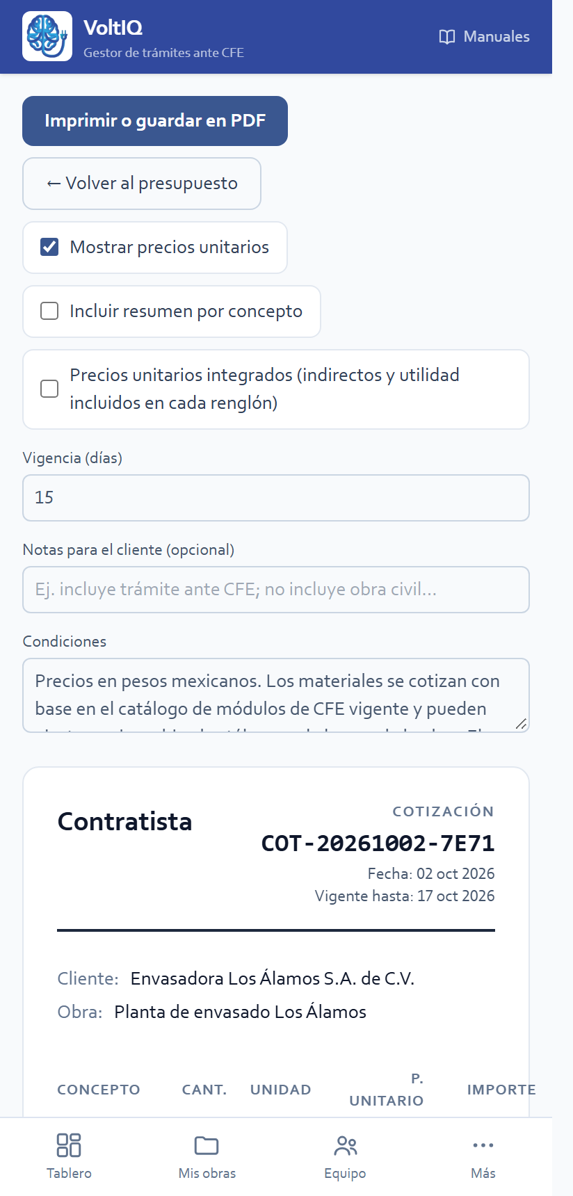 Las opciones de la cotización
