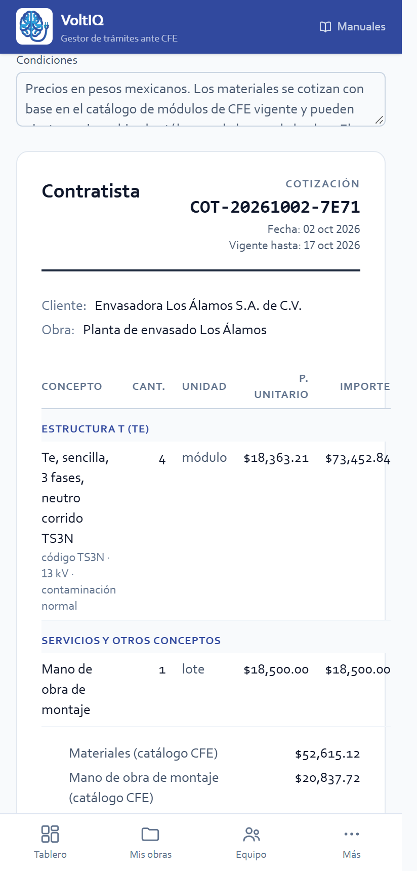 La cotización para el cliente