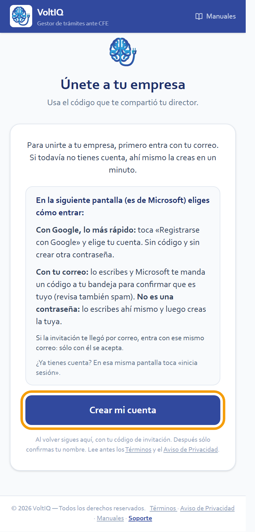 La liga de invitación abierta, con «Crear mi cuenta»