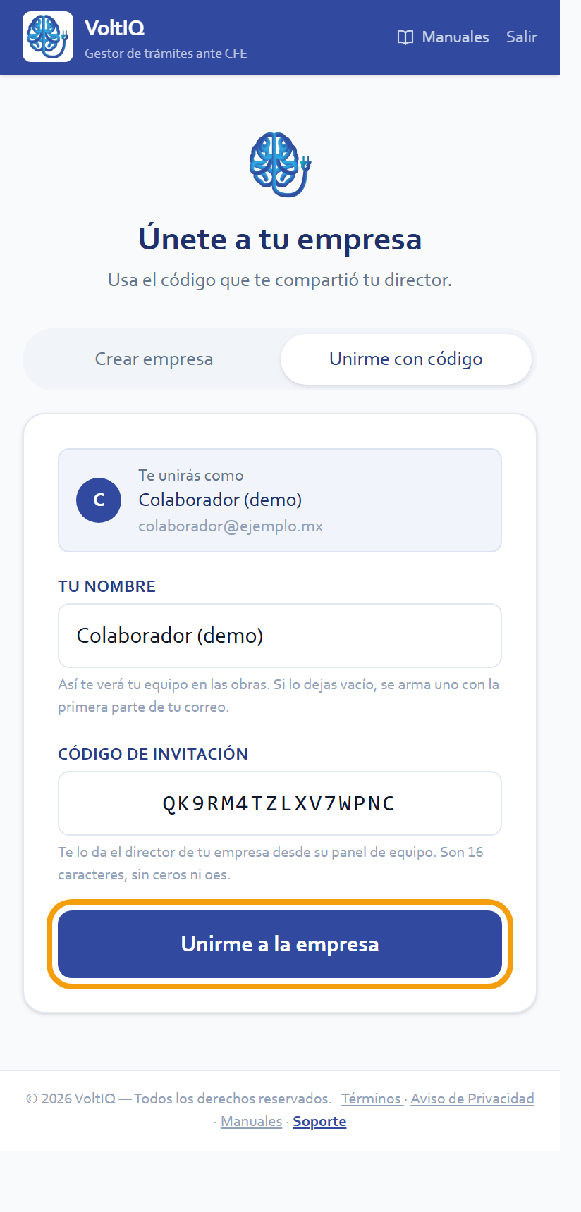 Tu nombre, el código y «Unirme a la empresa»