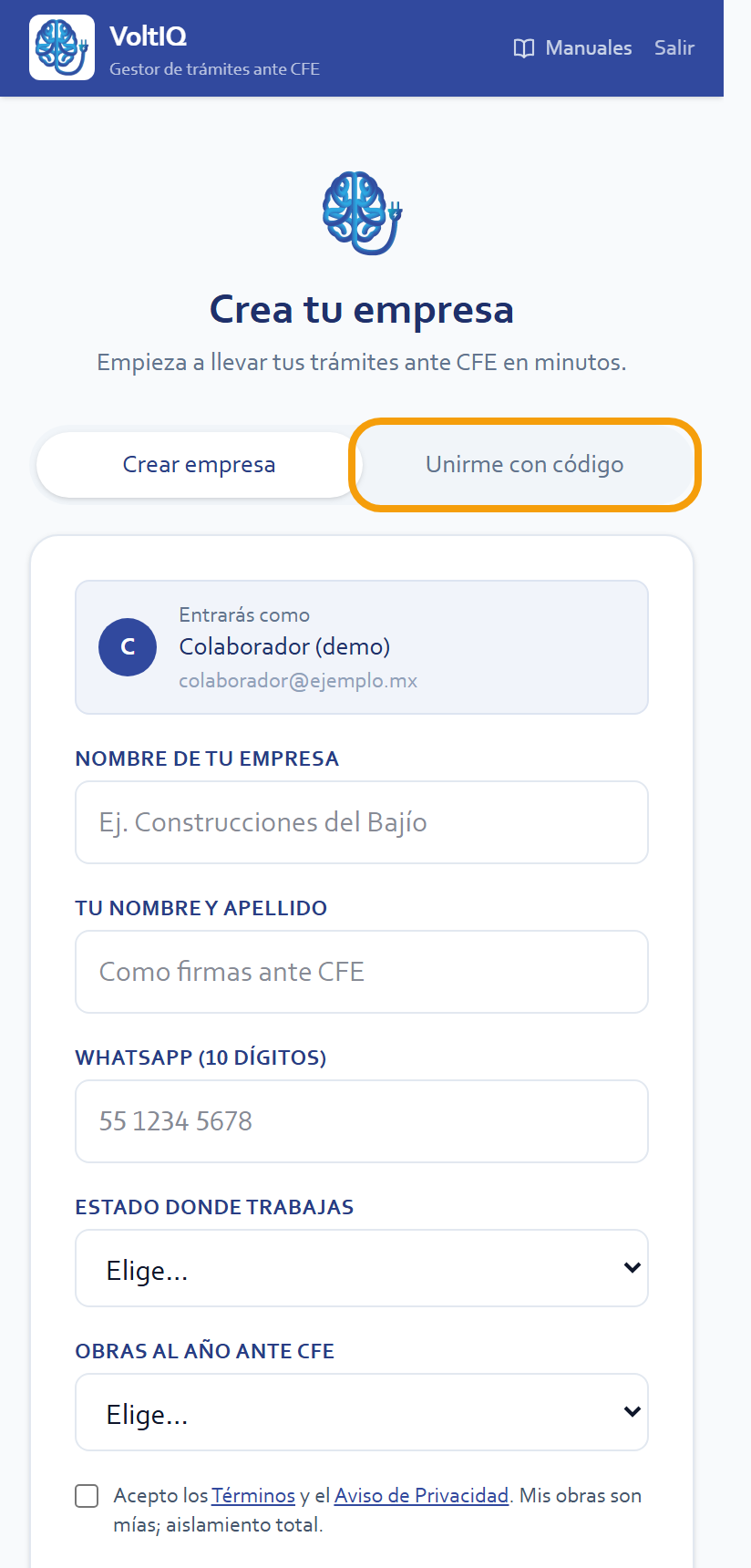 Sin la liga: toca la pestaña «Unirme con código»